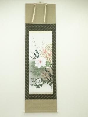 渓月　四季花　印刷絹本掛軸